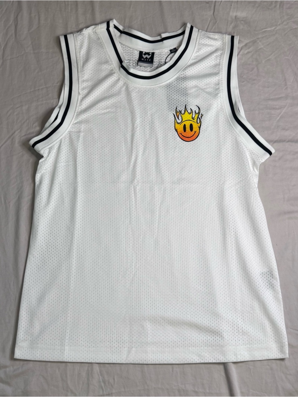 White Mesh Basketball Jersey w Flaming Smiley Patch | Medium | Fast Ship | NWT